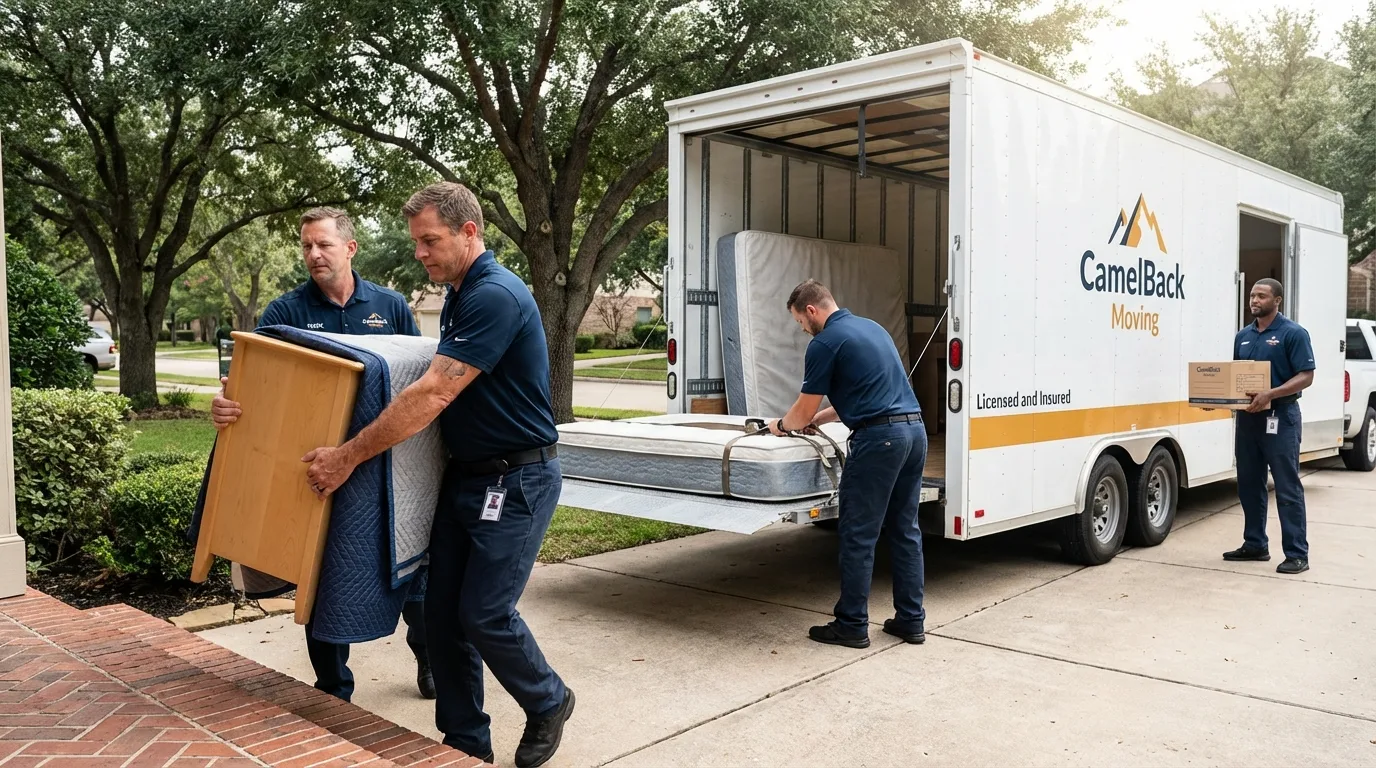 Crew loading residential truck for cross-state move from Fremont, CA