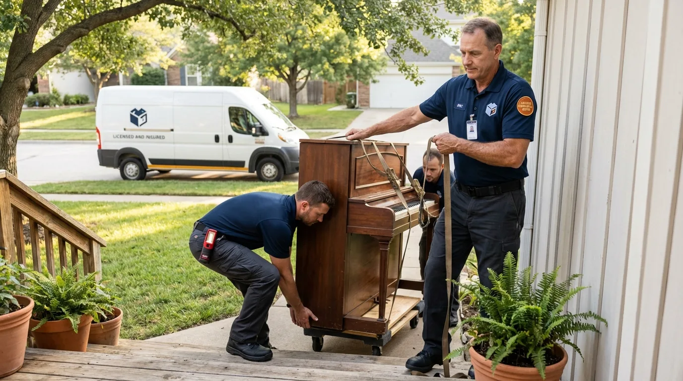 Licensed piano movers securing grand piano in Fremont, CA