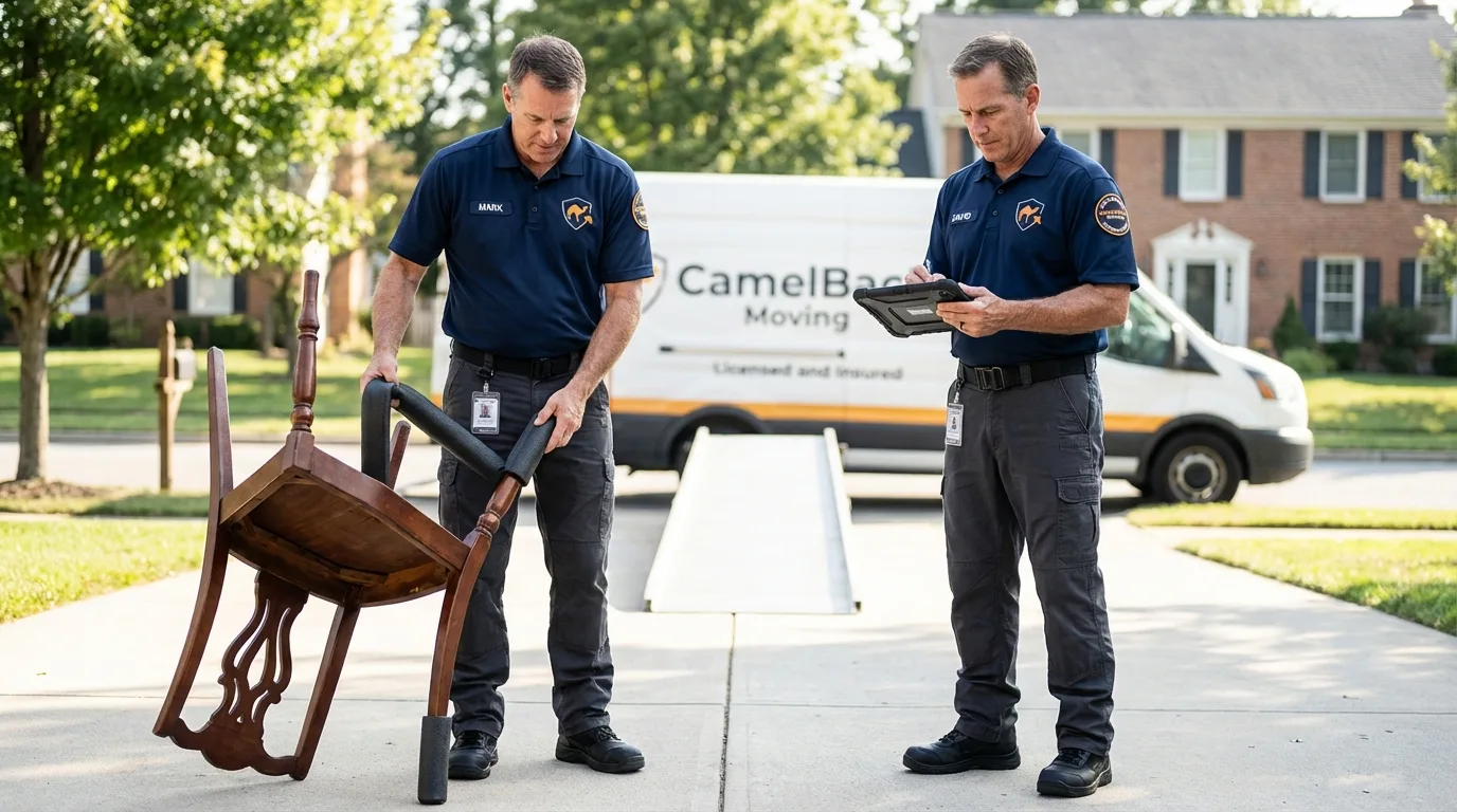 Movers inspecting furniture for damage prevention before loading in Fremont, CA
